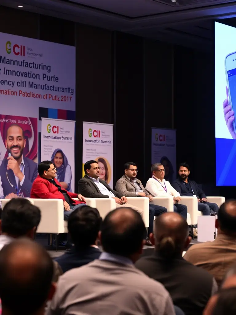 A photograph of a panel discussion at the CII Innovation Summit in Pune, with panelists discussing the future of manufacturing.