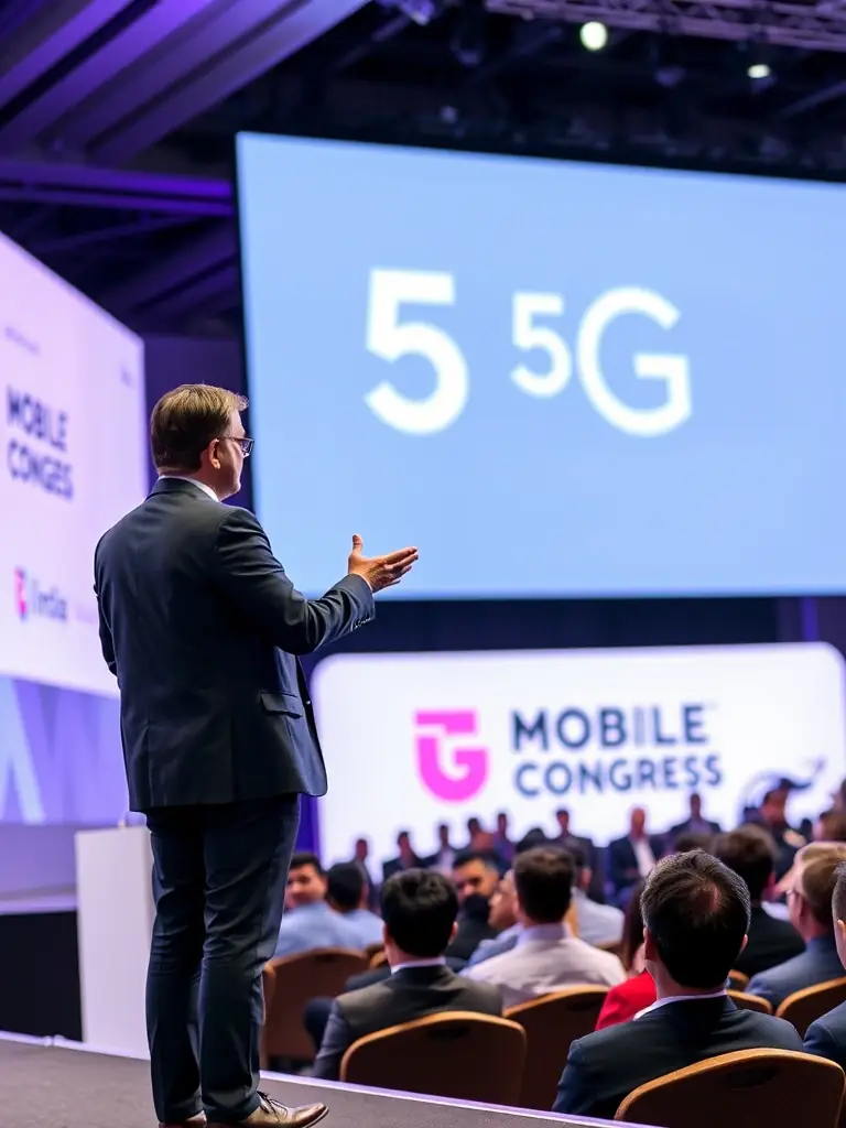 A photograph of the stage at the India Mobile Congress in New Delhi, featuring a keynote speaker addressing the audience about 5G technology.