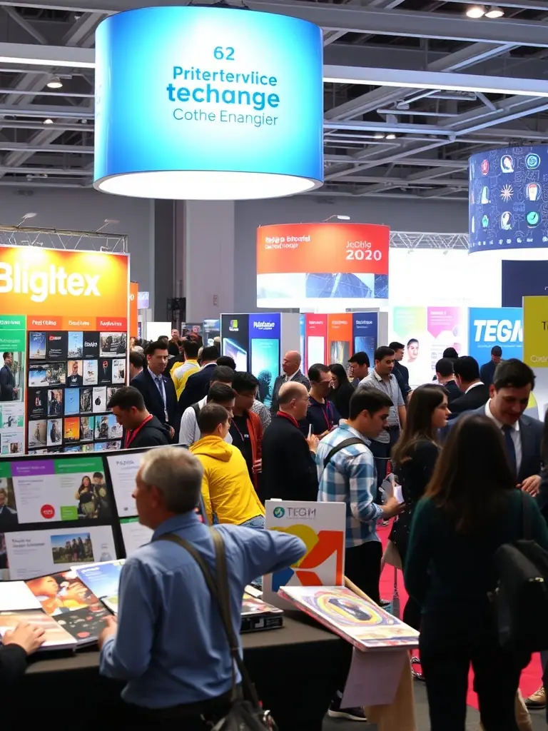 A photograph of the exhibition floor at the Bengaluru Tech Summit, showcasing innovative startups and their products.