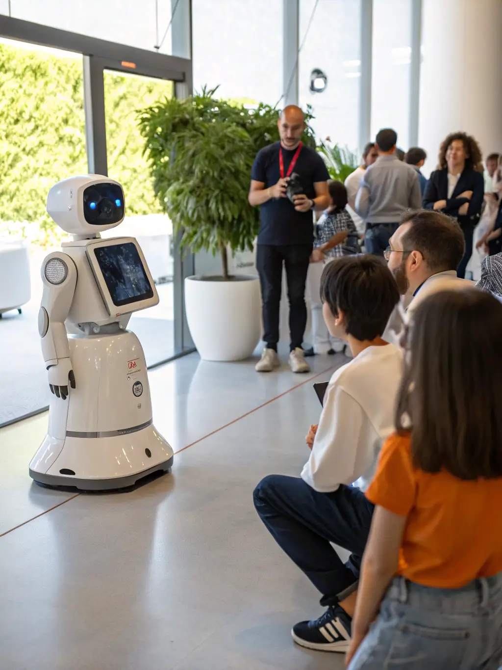 A photograph of the 'AI & Robotics Conference' in Chennai, featuring demonstrations of advanced robotics technologies and discussions on the ethical implications of AI.
