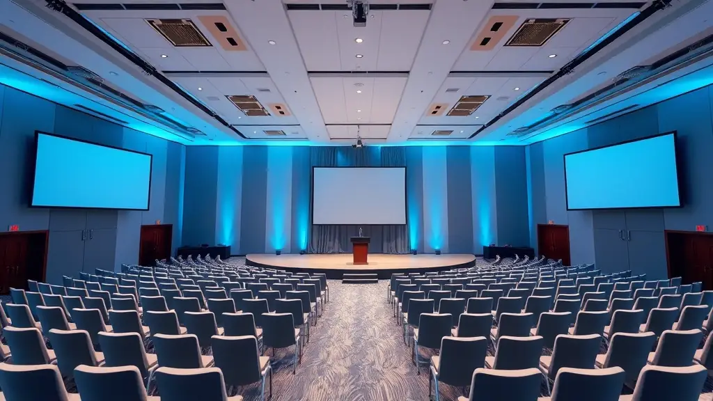 A modern conference hall filled with attendees listening to a speaker on stage. The hall is brightly lit with large screens displaying presentation slides.